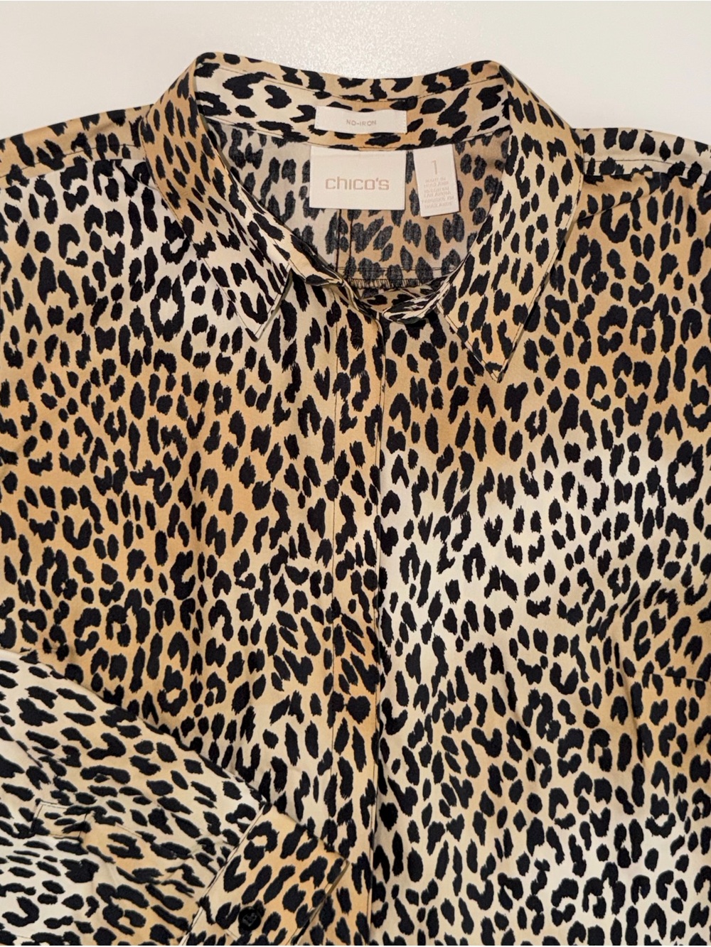 Chico's Safari Animal Print Top NO IRON Button Tunic 3/4 Sleeve Sz 1 M 8 10